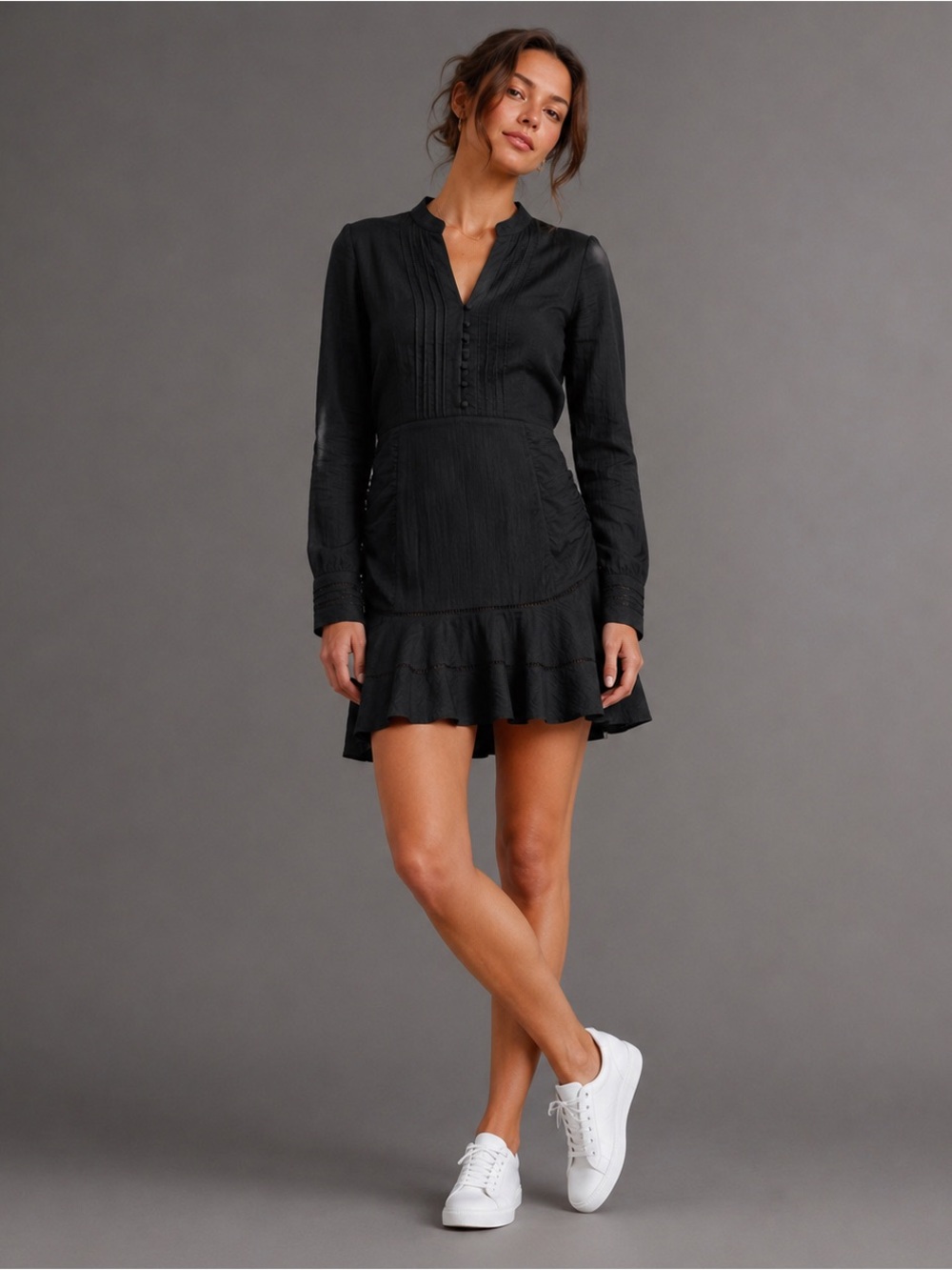 Veronica Beard Black Ruched Mini Dress Pintuck Trim Viscose‎ Size 2
